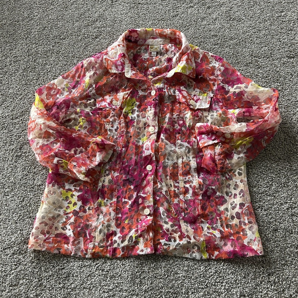 JM Collection Shirt Womens 14 Multicolor Sheer Animal Print Button Up Blouse